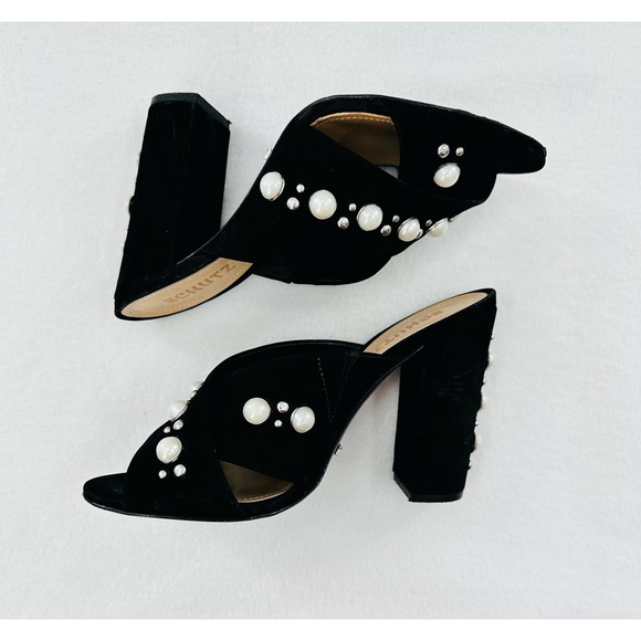 SCHUTZ Black Suede Imitation Pearl Deco. Heel Open Toed Mule - Picture 4 of 9